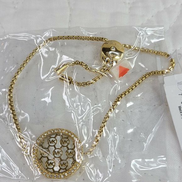 Michael Kors monogram logo circle pave cuban chain yellow gold slider bracelet - Picture 5 of 7